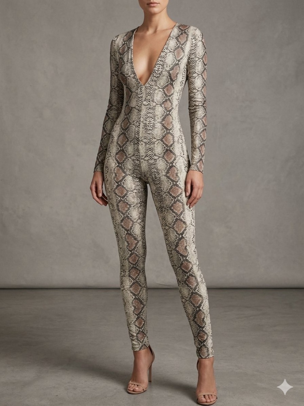 Daisy Snake-Print Plunge Jumpsuit in Brown and Cream
